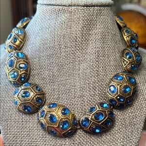 VTG Runway Style Chunky Blue Jeweled Honecomb Geometric Gold Statement Necklace